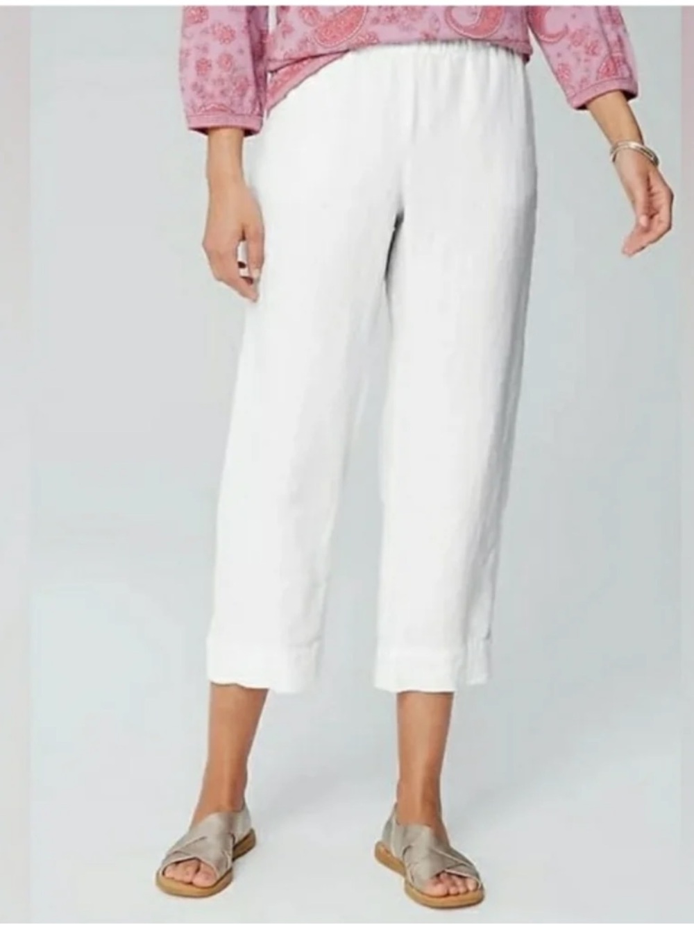 J Jill love linen Women's White Cropped Pull-On Linen Pants Sz M Petite